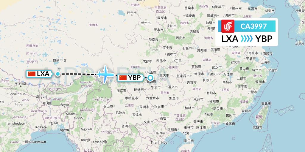 CA3997 Air China Flight Map: Lhasa to Yibin