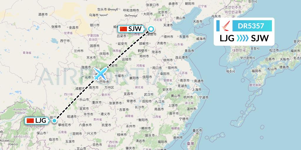 DR5357 Ruili Airlines Flight Map: Lijiang to Shijiazhuang