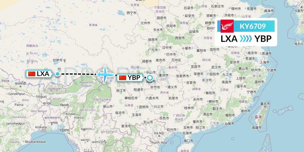 KY6709 Kunming Airlines Flight Map: Lhasa to Yibin