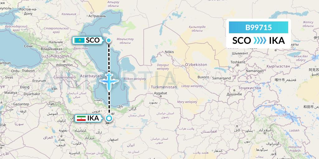 B99715 Iran Air Tours Flight Map: Aktau to Tehran