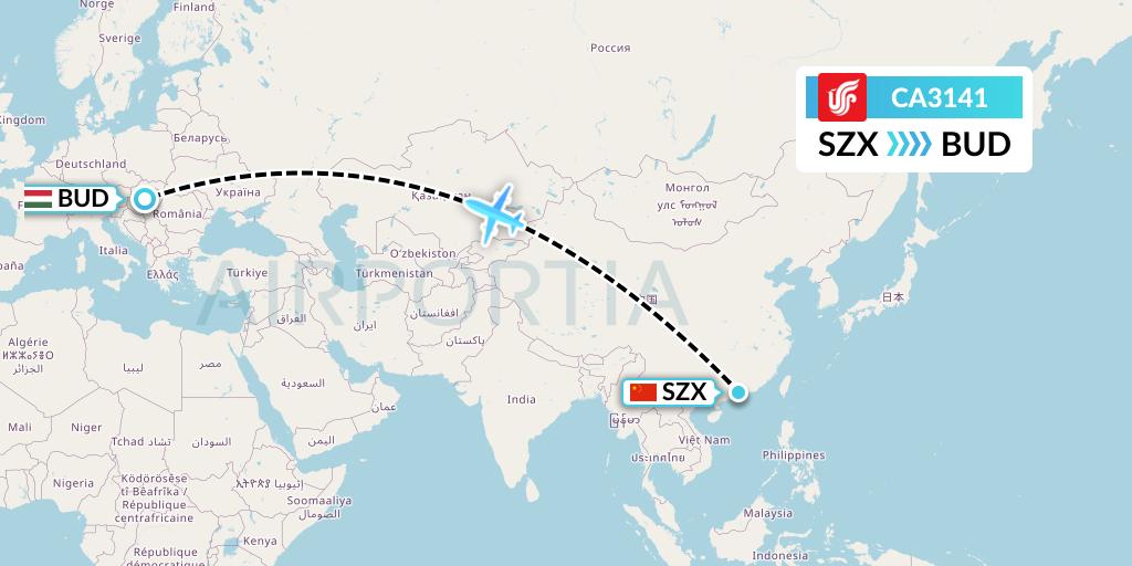 CA3141 Air China Flight Map: Shenzhen to Budapest