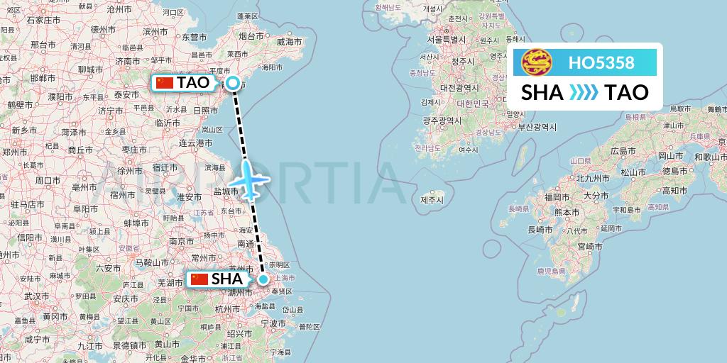 HO5358 Juneyao Airlines Flight Map: Shanghai to Qingdao