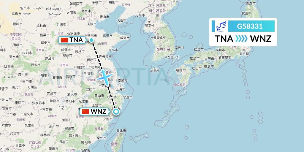 G58331 China Express Airlines Flight Map: Jinan to Wenzhou