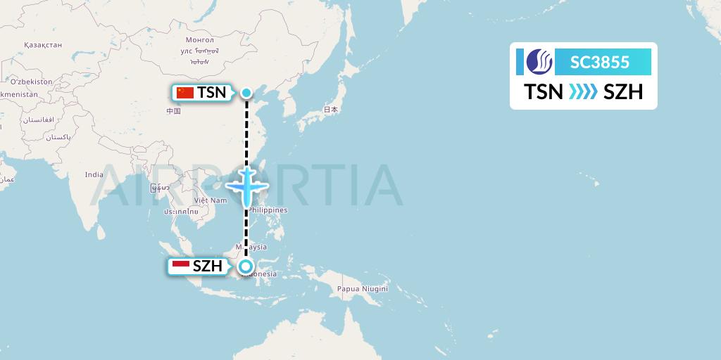 SC3855 Shandong Airlines Flight Map: Tianjin to Senipah-Borneo Island