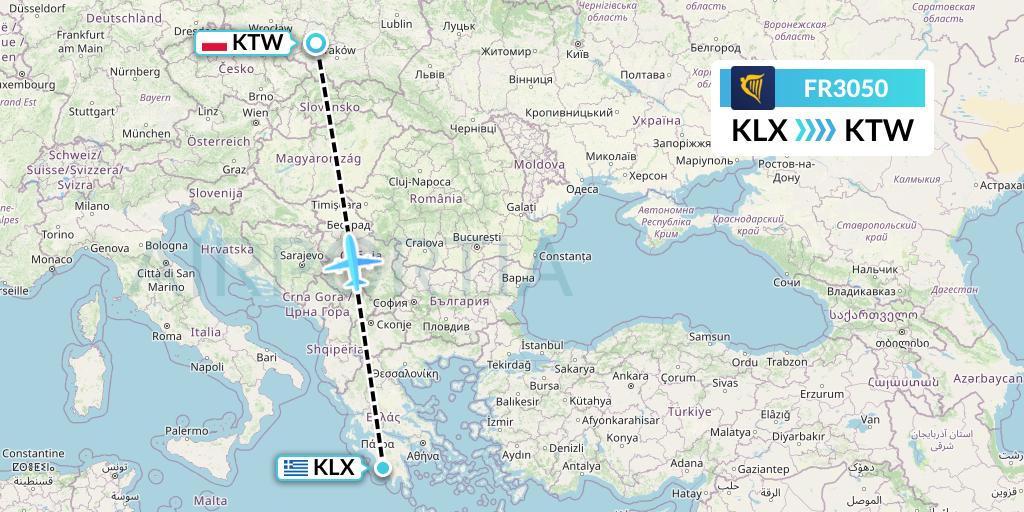 FR3050 Ryanair Flight Map: Kalamata to Katowice