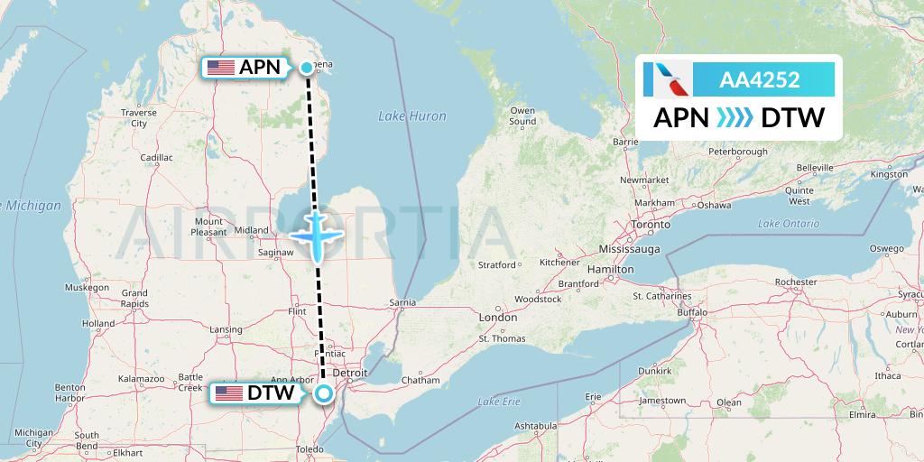 AA4252 American Airlines Flight Map: Alpena to Detroit