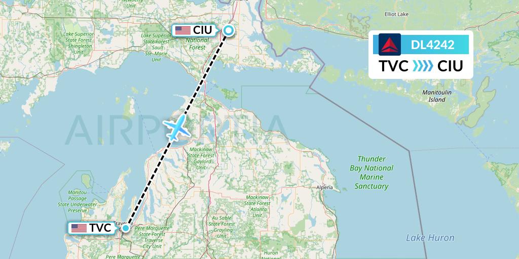 DL4242 Delta Air Lines Flight Map: Traverse City to Sault Sainte Marie