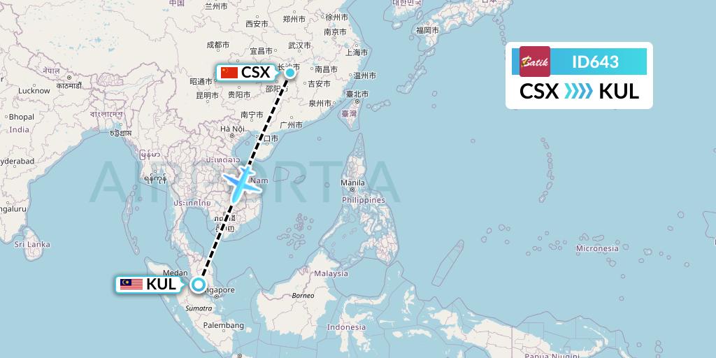 ID643 Batik Air Flight Map: Changsha to Kuala Lumpur