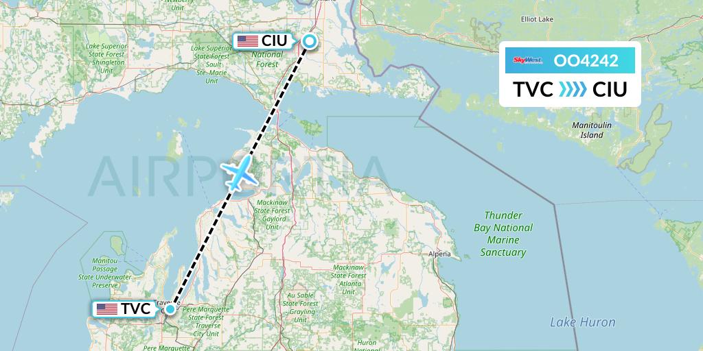 OO4242 SkyWest Airlines Flight Map: Traverse City to Sault Sainte Marie