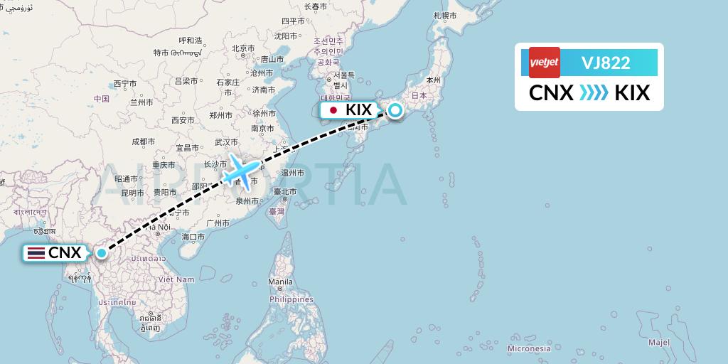 VJ822 VietJet Air Flight Map: Chiang Mai to Osaka