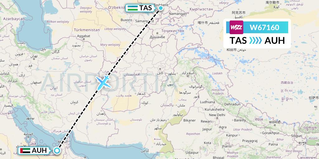 W67160 Wizz Air Flight Map: Tashkent to Abu Dhabi