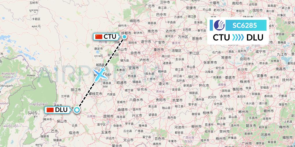 SC6285 Shandong Airlines Flight Map: Chengdu to Dali
