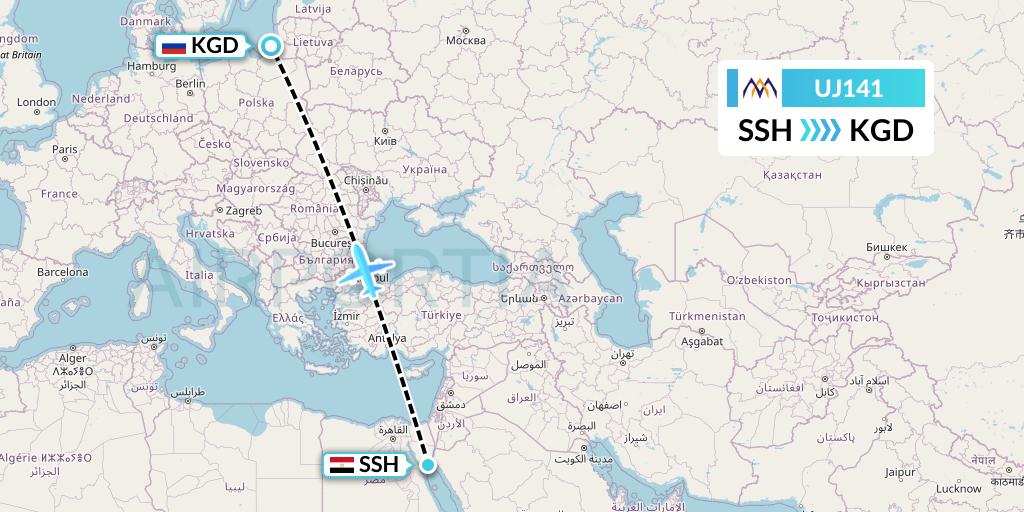 UJ141 AlMasria Universal Airlines Flight Map: Sharm el-Sheikh to Kaliningrad