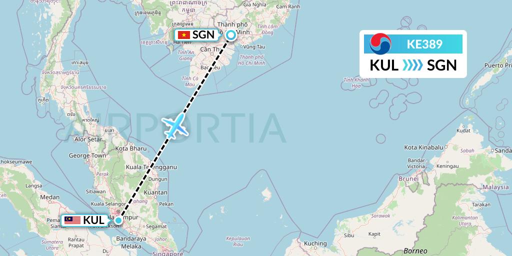 KE389 Korean Air Flight Map: Kuala Lumpur to Ho Chi Minh City
