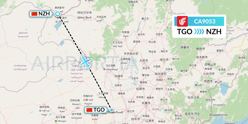 CA9053 Air China Flight Map: Tongliao to Manzhouli