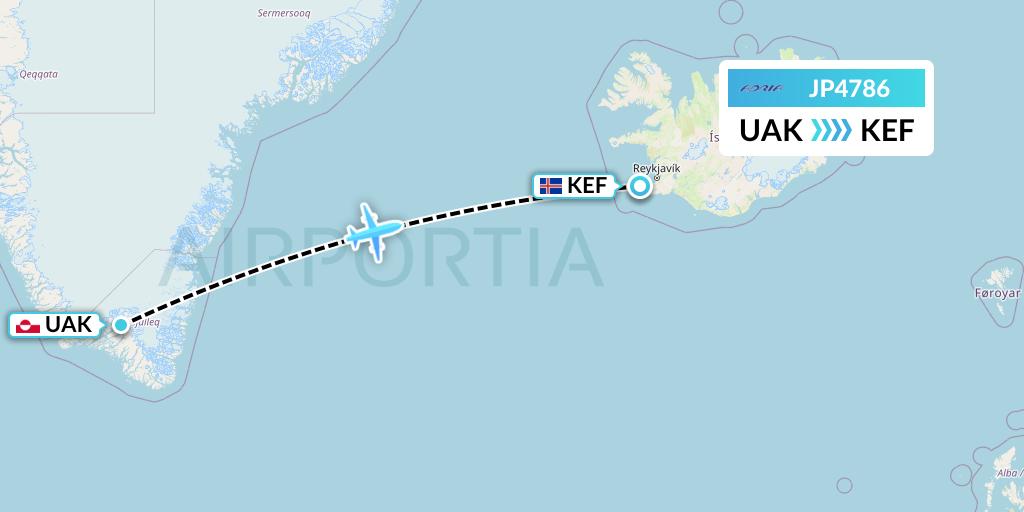 JP4786 Adria Airways Flight Map: Narsarsuaq to Reykjavik
