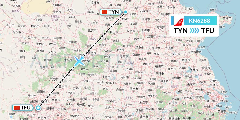 KN6288 China United Airlines Flight Map: Taiyuan to Chengdu