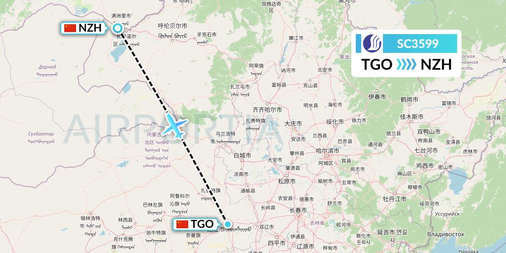 SC3599 Shandong Airlines Flight Map: Tongliao to Manzhouli
