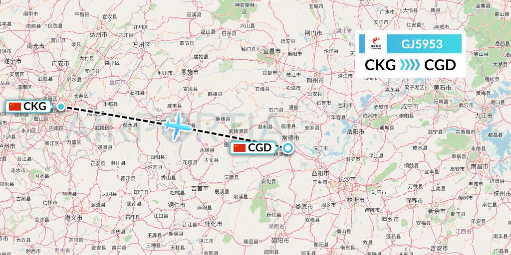 GJ5953 Loong Airlines Flight Map: Chongqing to Changde
