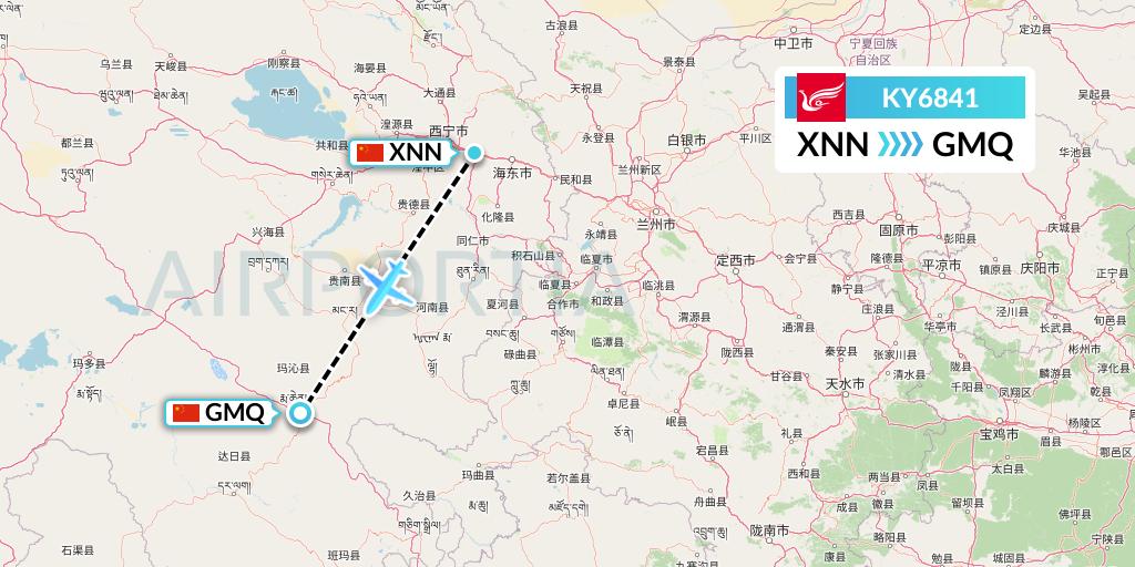 KY6841 Kunming Airlines Flight Map: Xining to Golog