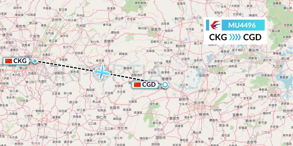 MU4496 China Eastern Airlines Flight Map: Chongqing to Changde
