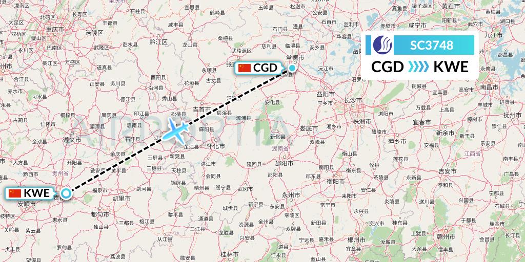 SC3748 Shandong Airlines Flight Map: Changde to Guiyang