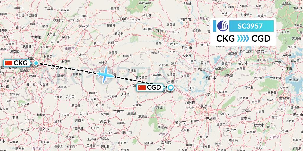 SC3957 Shandong Airlines Flight Map: Chongqing to Changde