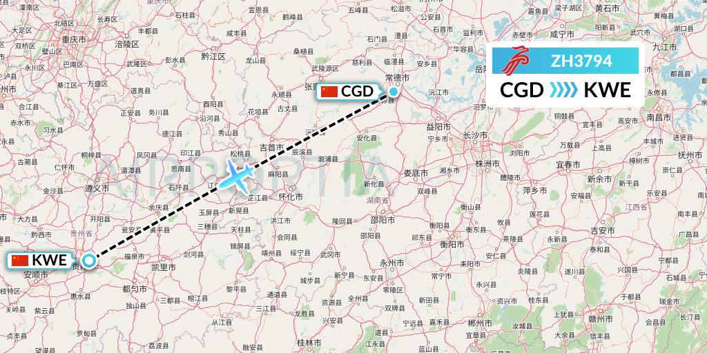 ZH3794 Shenzhen Airlines Flight Map: Changde to Guiyang