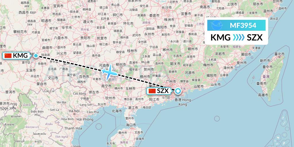 MF3954 Xiamen Airlines Flight Map: Kunming to Shenzhen