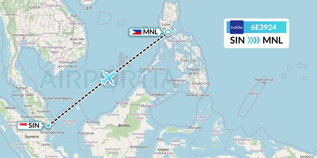 6E3924 IndiGo Airlines Flight Map: Singapore to Manila