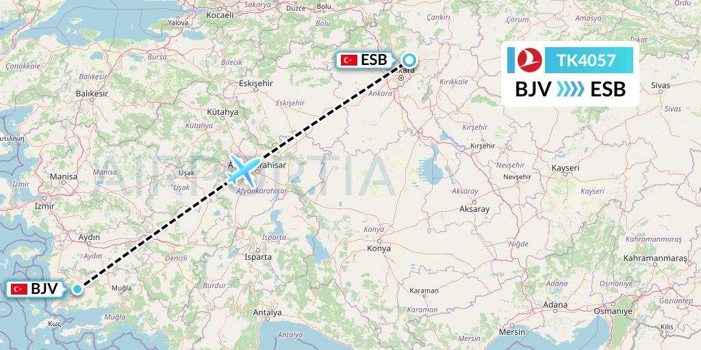 TK4057 Turkish Airlines Flight Map: Bodrum to Ankara