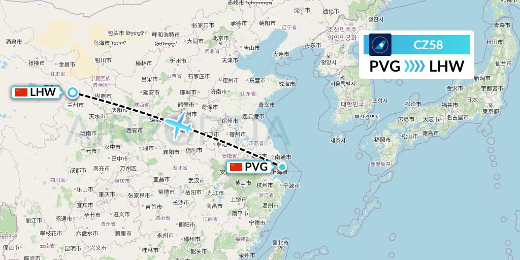 CZ58 China Southern Airlines Flight Map: Shanghai to Lanzhou