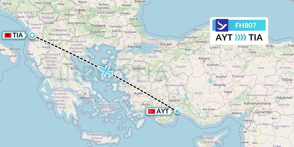 FH807 Freebird Airlines Flight Map: Antalya to Tirana