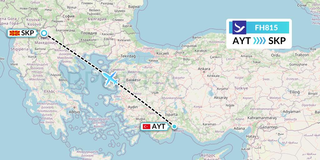 FH815 Freebird Airlines Flight Map: Antalya to Skopje
