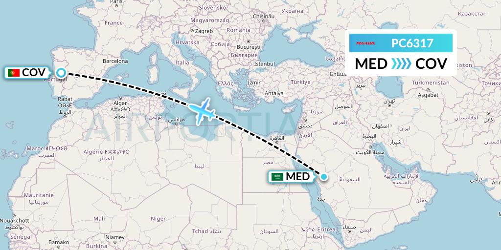 PC6317 Pegasus Airlines Flight Map: Medina to Portugal