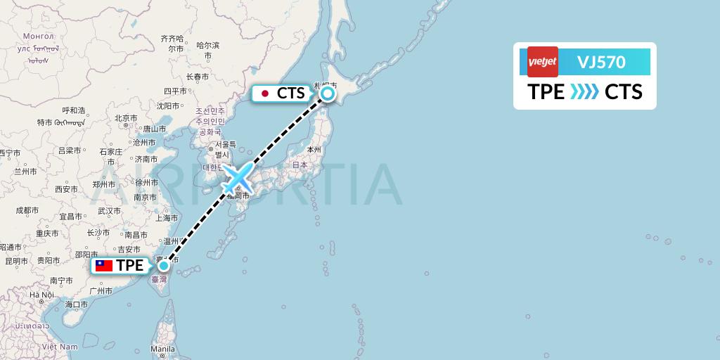VJ570 VietJet Air Flight Map: Taipei to Sapporo