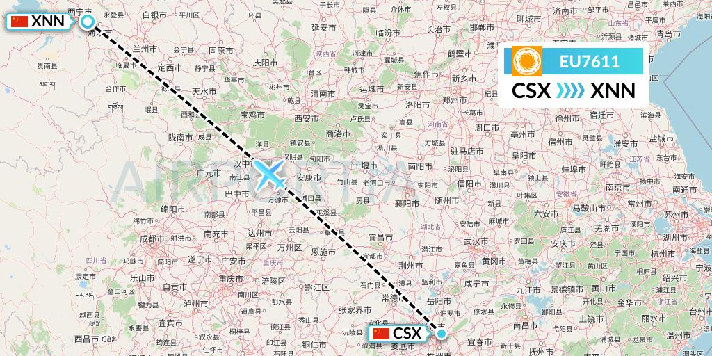 EU7611 Chengdu Airlines Flight Map: Changsha to Xining