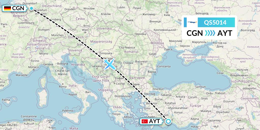 QS5014 Smartwings Flight Map: Cologne to Antalya