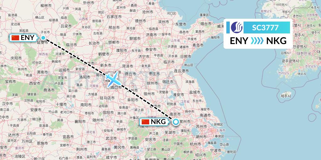 SC3777 Shandong Airlines Flight Map: Yan'an to Nanjing
