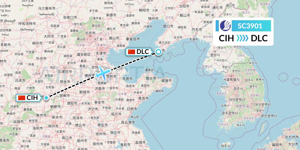 SC3901 Shandong Airlines Flight Map: Changzhi to Dalian