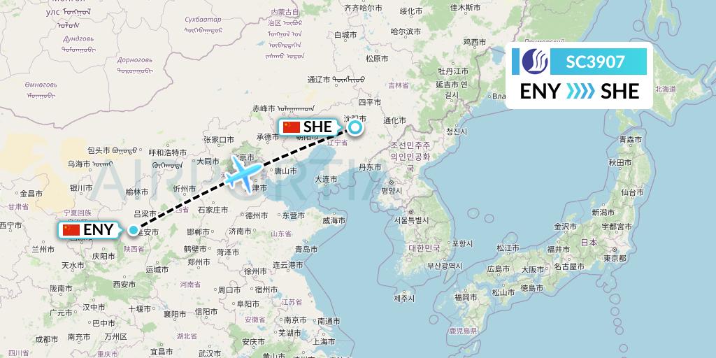 SC3907 Shandong Airlines Flight Map: Yan'an to Shenyang