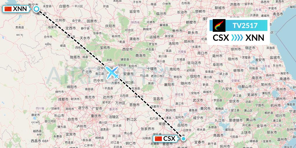 TV2517 Tibet Airlines Flight Map: Changsha to Xining
