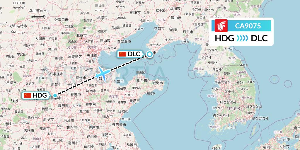 CA9075 Air China Flight Map: Handan to Dalian