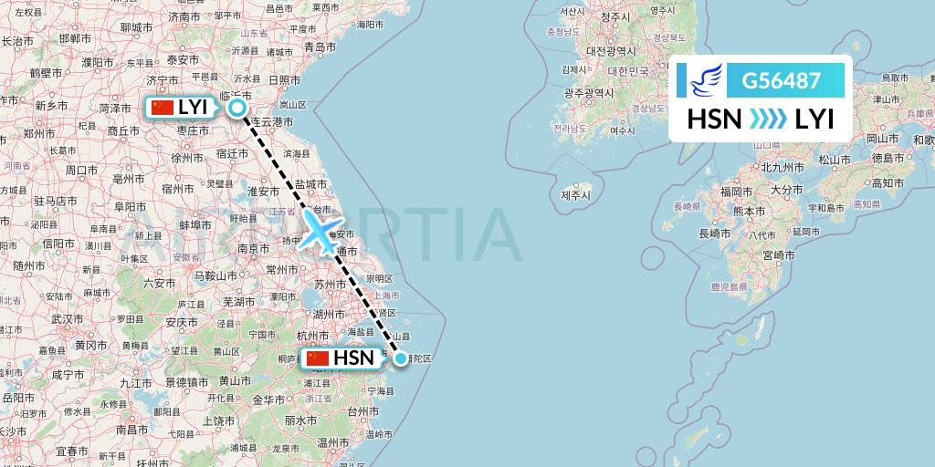 G56487 China Express Airlines Flight Map: Zhoushan to Linyi