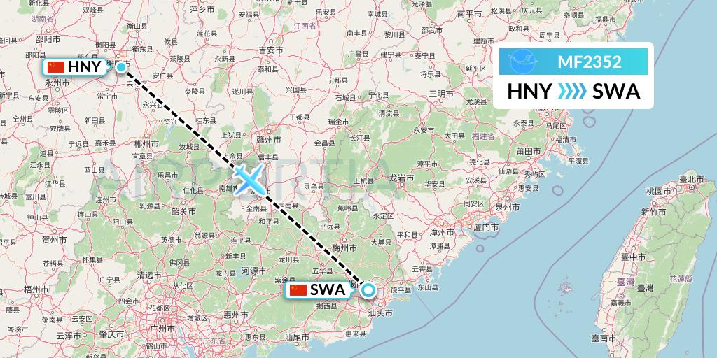 MF2352 Xiamen Airlines Flight Map: Hengyang to Jieyang