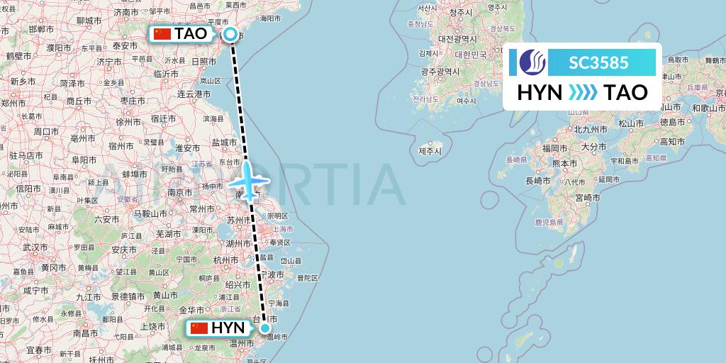 SC3585 Shandong Airlines Flight Map: Huangyan to Qingdao