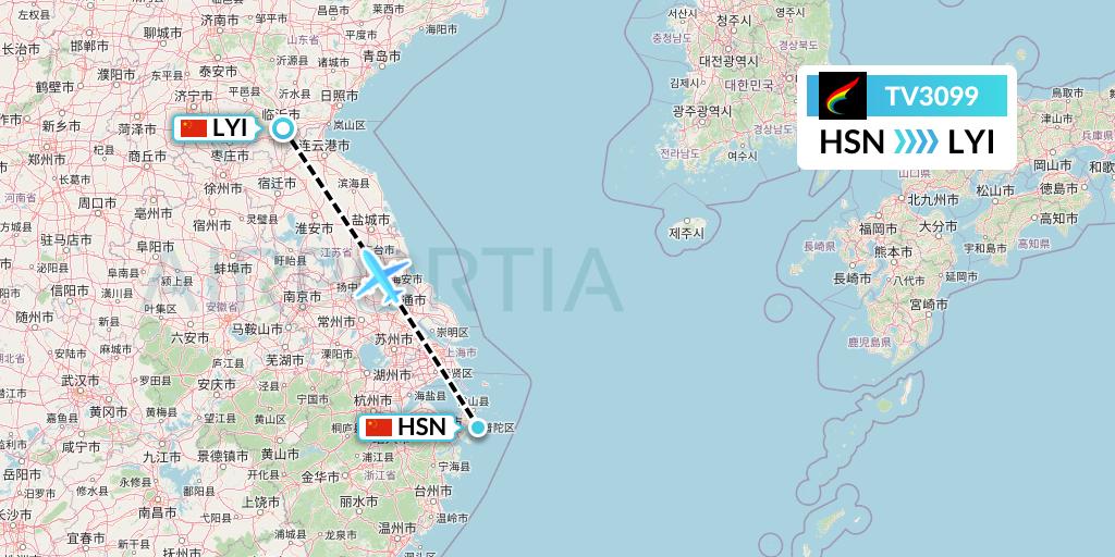 TV3099 Tibet Airlines Flight Map: Zhoushan to Linyi