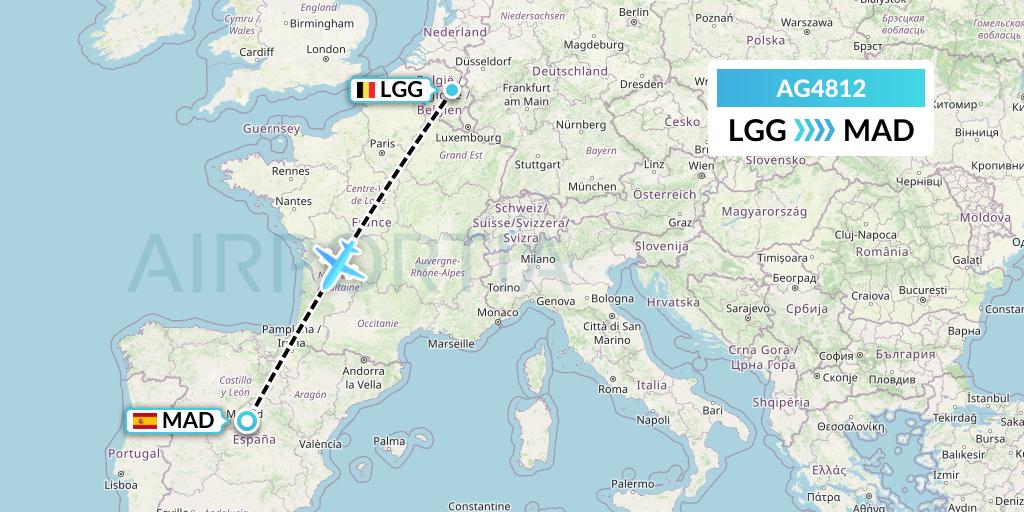 AG4812 Aruba Airlines Flight Map: Liege to Madrid