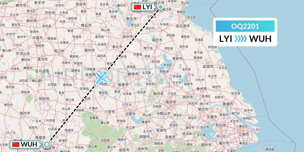 OQ2201 Chongqing Airlines Flight Map: Linyi to Wuhan