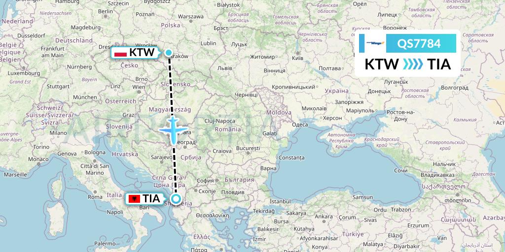 QS7784 Smartwings Flight Map: Katowice to Tirana